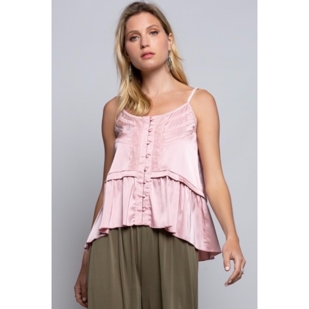 POL Pink Satin Button Front Cami Top with Lace - Picture 5 of 8